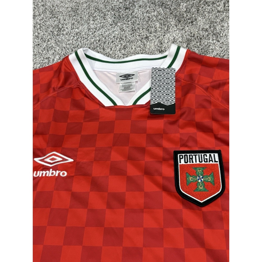 Umbro Portugal Soccer Jersey Mens XL Red Checkered V-Neck Short Sleeve NWT